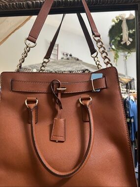 Michael Kors Tan/Brown Leather Satchel with Gold Chains perfect inside and out